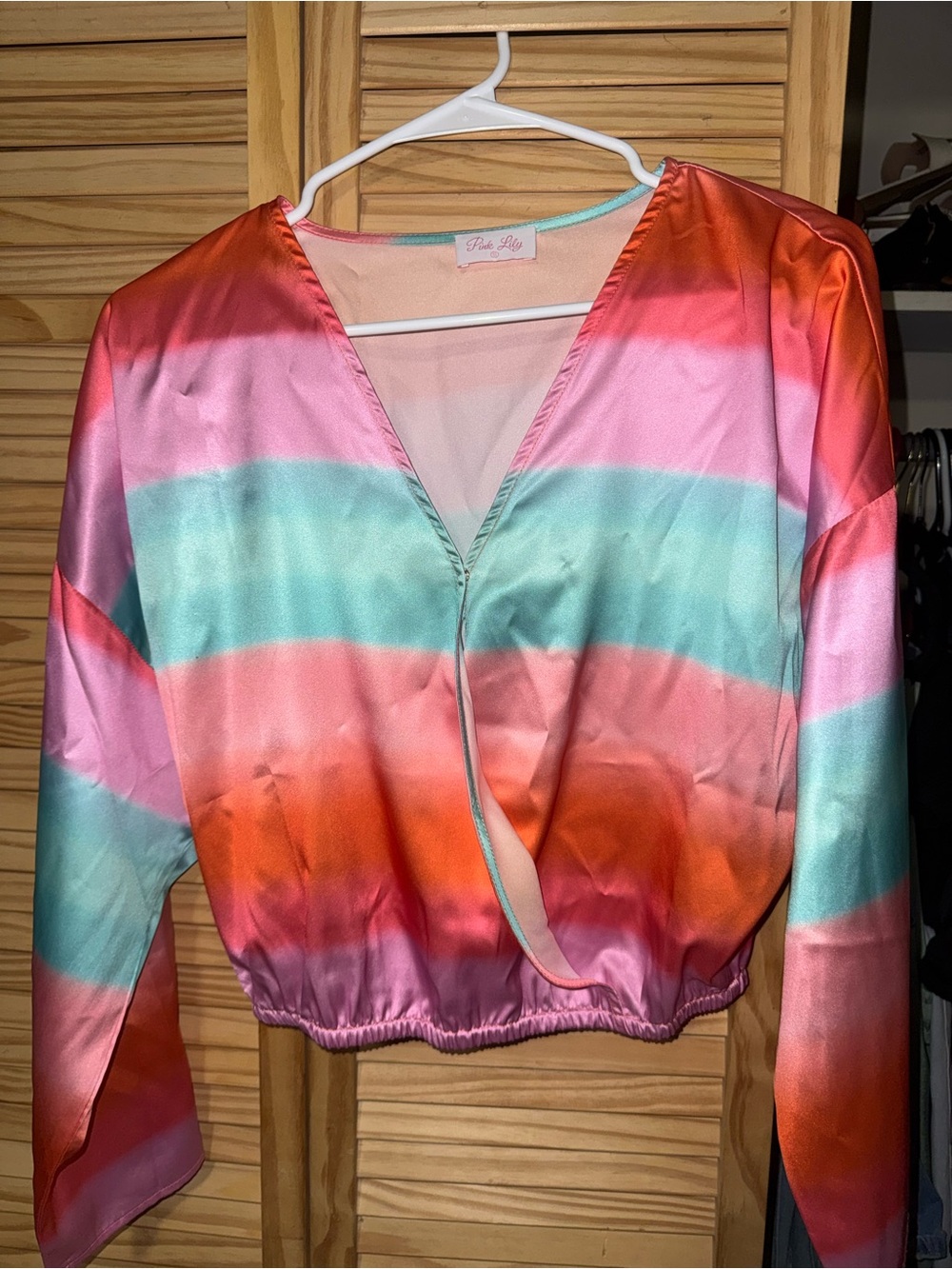 Pink Lily Coral, Pink & Teal Satin V-Neck Crop Top